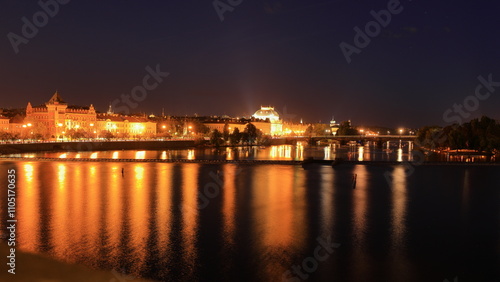 View of Prague Castle (Prazsky hrad) from Charles Bridge (Karluv most) Landmark stone bridge in Prague Czech (Praha, Czechia)