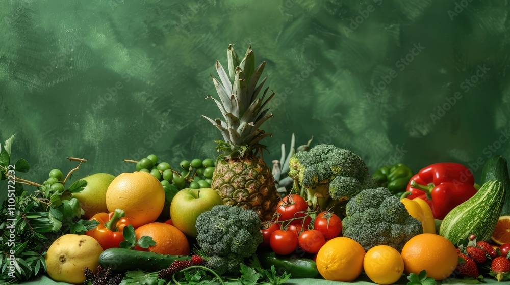 Vegetables and fruits arranged on table with green background for healthy eating concept. Vegetables and fruits arranged on table with green background for healthy eating concept.