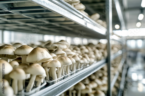 Mushrooms thriving in a modern cultivation facility under bright lighting and clean white walls photo