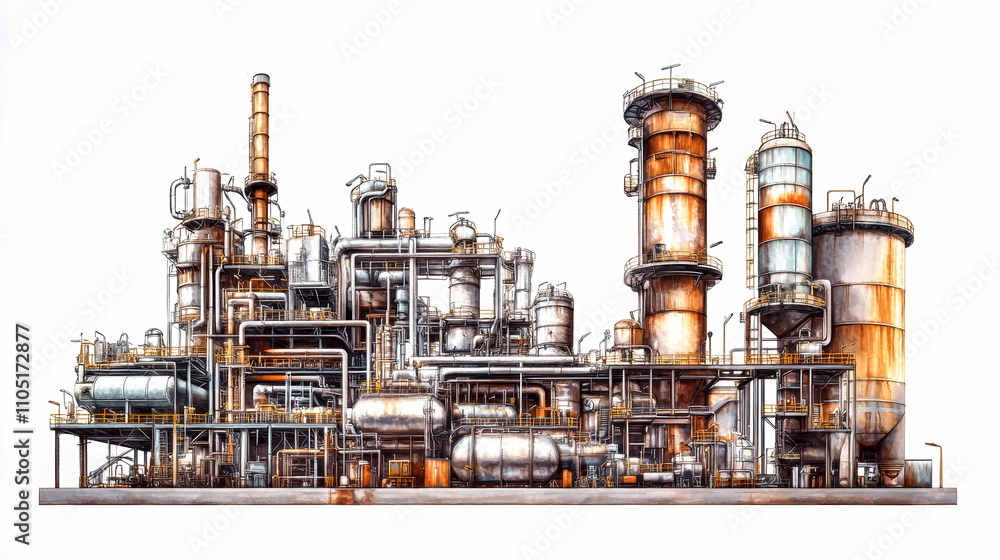 Detailed illustration of an oil and gas production plant featuring complex machinery and pipes on a clean white background Detailed illustration of an oil and gas production plant featuring complex machinery and pipes on a clean white background