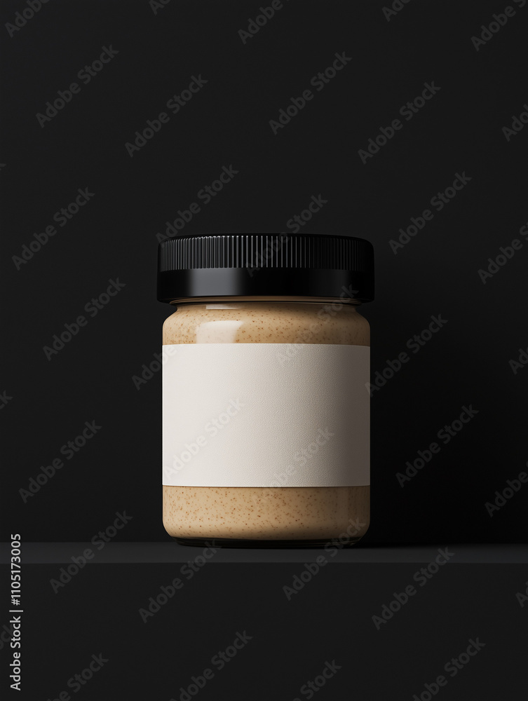 Create a mockup of a glass jar filled with almond butter, sealed with a black lid. The jar should have a plain white label with a minimal, elegant design, entirely blank with no text, logos, or imager Create a mockup of a glass jar filled with almond butter, sealed with a black lid. The jar should have a plain white label with a minimal, elegant design, entirely blank with no text, logos, or imager