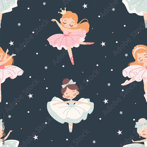Seamless vector pattern in children's style. Cute ballerina and stars on dark background . Vector illustration