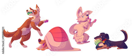 Cute playful dogs set isolated on white background. Vector cartoon illustration of funny doggy playing with ball, hiding under blanket, puppy chewing slipper, trained animal standing on hind legs
