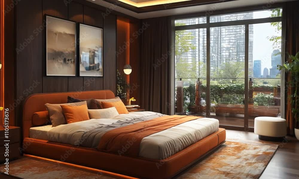 A modern, cozy bedroom featuring warm tones, large windows, and stylish decor. A modern, cozy bedroom featuring warm tones, large windows, and stylish decor.