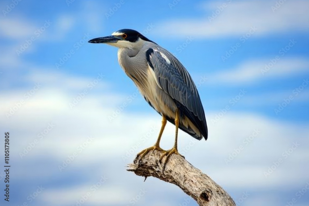 Black Crowned Night Heron Perched on Tall Tree Branch. Majestic Adult Avian Bird in Blue Black Crowned Night Heron Perched on Tall Tree Branch. Majestic Adult Avian Bird in Blue
