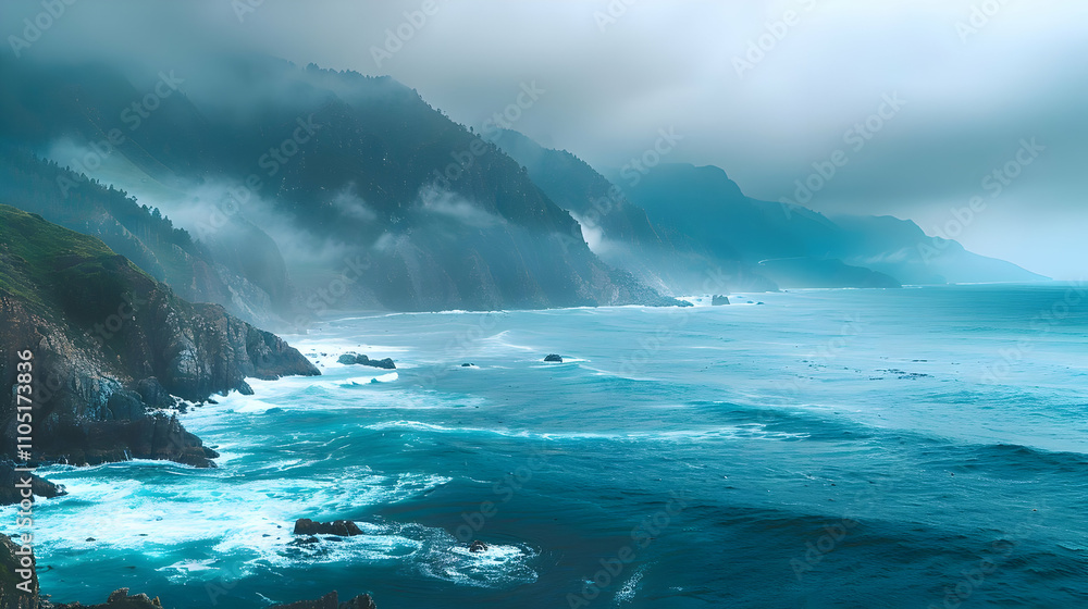 Misty Coastal Cliffs Ocean Background