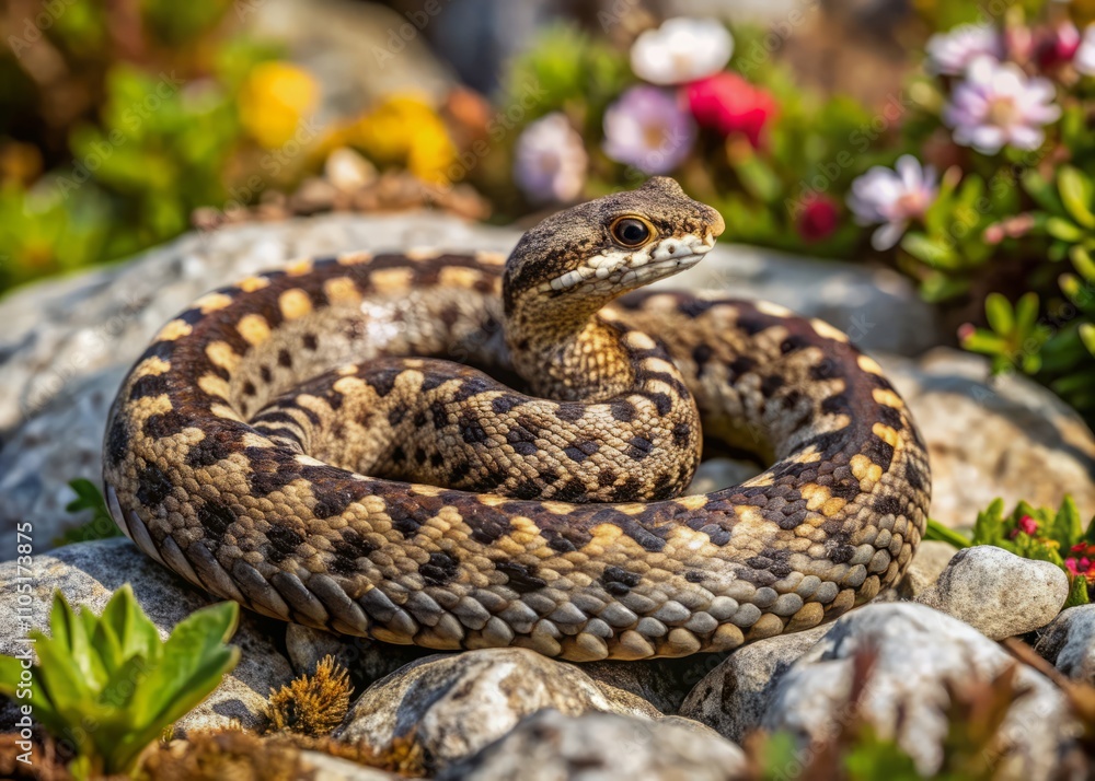 Aerial View of a European Nose-Horned Viper in Its Natural Habitat, Showcasing the Unique Patterns and Colors of This Fascinating Reptile in the Wild Aerial View of a European Nose-Horned Viper in Its Natural Habitat, Showcasing the Unique Patterns and Colors of This Fascinating Reptile in the Wild
