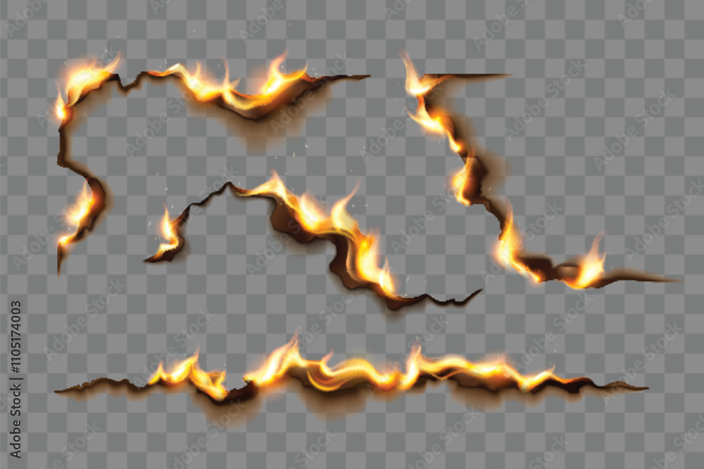 Rip burnt paper edge effect. Fire texture border. Ash on page for realistic frame. Old torn sheet line with flame isolated on transparent background. 3d smoldering damage uneven corner illustration