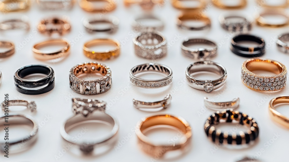 Many Diamond And Metal Rings Displayed On White Surface Many Diamond And Metal Rings Displayed On White Surface