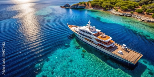 Aerial View of a Luxury Yacht with Wooden Deck Anchored in Aegean Island Surrounded by Deep Blue Sea, Perfect for Travel and Adventure Themes