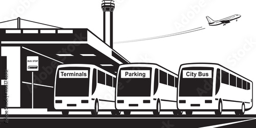 Buses from airport to terminals, city and parking - vector illustration