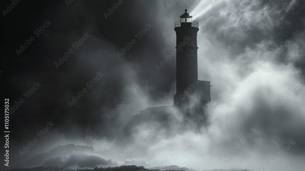 Lighthouse Standing Tall Amidst Dense Foggy Storm Lighthouse Standing Tall Amidst Dense Foggy Storm