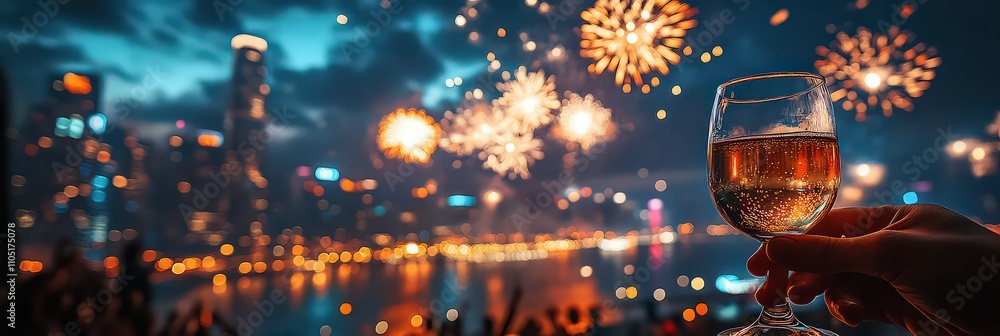 In a vibrant display of celebration, people clink glasses of champagne, capturing a moment of joy under a sky illuminated by dazzling fireworks. In a vibrant display of celebration, people clink glasses of champagne, capturing a moment of joy under a sky illuminated by dazzling fireworks.
