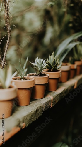 A lush display of green foliage in rustic containers lining a vintage red brick path, enveloped in rich green surroundings.