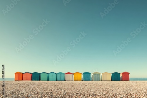 Brighton Beach Huts - A Vibrant Row of Colorful Chalets on the Pebble Beach under Blue Skies #1105175667