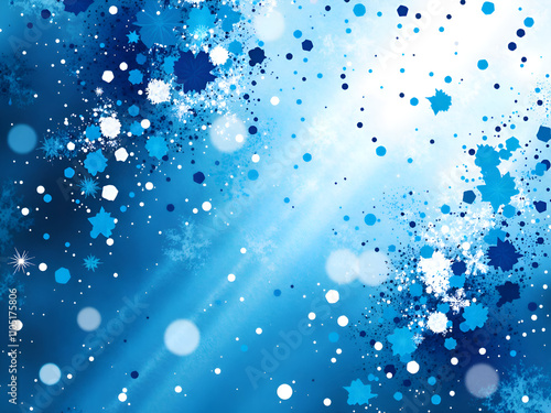 Transformative blue winter scene with glimmering particles and snowflakes, digital art of abstract concept.
