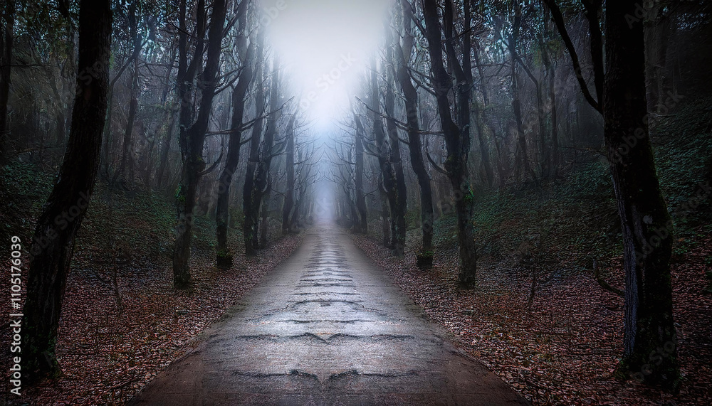 Obraz premium 深い森の中の一本道