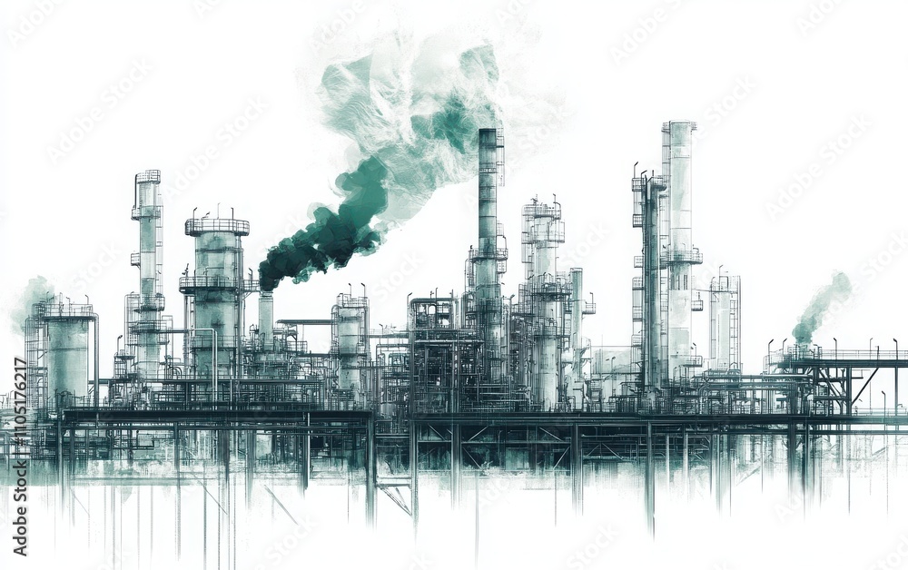 Obraz premium A hyper-realistic sketch of an oil production plant with green smoke rising from the industrial chimneys. 