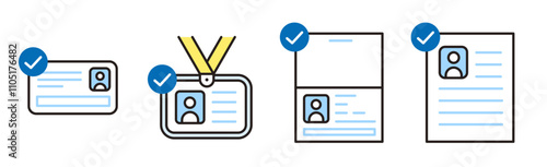 身分証明書のアイコン。運転免許証、パスポート、マイナンバーカード、IDカードなど。本人確認のベクターイラスト。