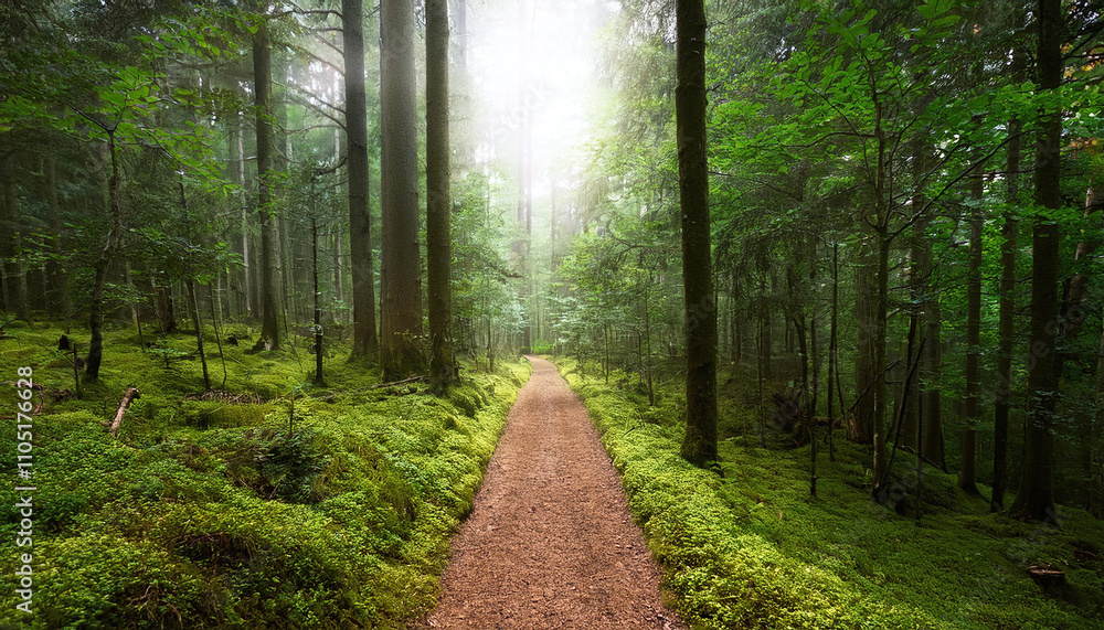 Obraz premium 深い森の中の一本道