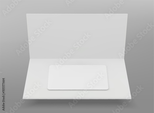White plastic gift card in folded paper package. Minimal setup for showcasing loyalty, banking, membership or discount cards. Empty template for branding. Elegant mockup of certificate in holder.