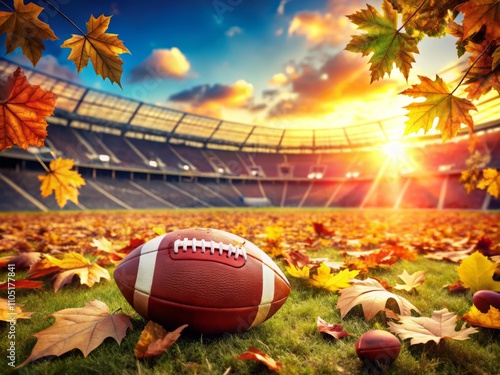 A Football on an Autumn Field Surrounded by Colorful Leaves, Symbolizing the Transition of Seasons and the Spirit of the Game with a Stadium in the Background