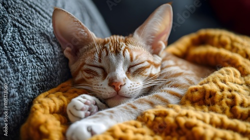 Adorable orange tabby cat or kitten sleeping peacefully and comfortably curled up on a soft patterned textile blanket  The feline s eyes are closed photo