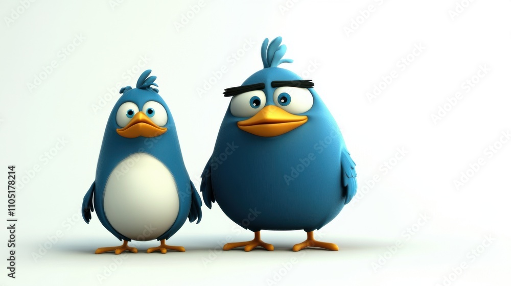 Naklejka premium Whimsical Avian Art: Cartoon Birds on White Background