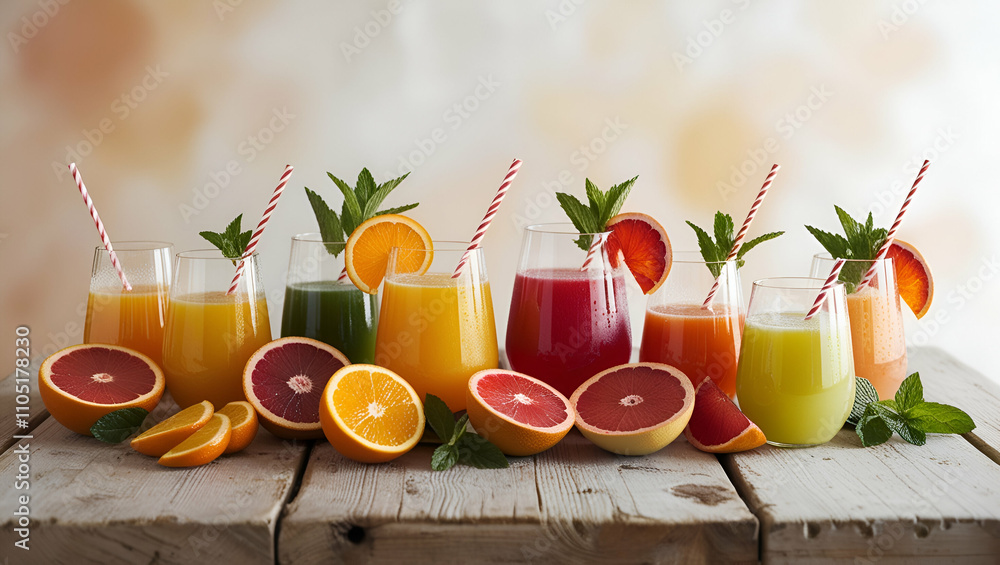 Fototapeta premium a cheerful arrangement of glasses filled with different fruit juices, each with a straw, placed on a table with fresh fruits, against a gently blurred backdrop.