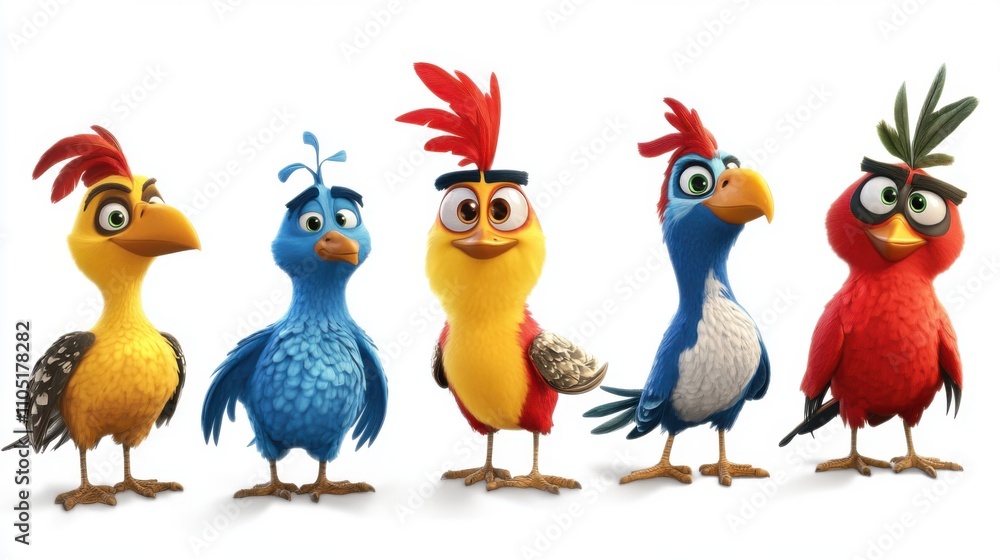 Fototapeta premium Whimsical Avian Art: Cartoon Birds on White Background