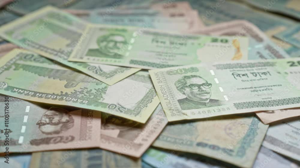Bangladeshi banknotes scattered on a surface showcasing various denominations and featuring prominent figures, highlighting the currency of bangladesh. Bangladeshi banknotes scattered on a surface showcasing various denominations and featuring prominent figures, highlighting the currency of bangladesh.