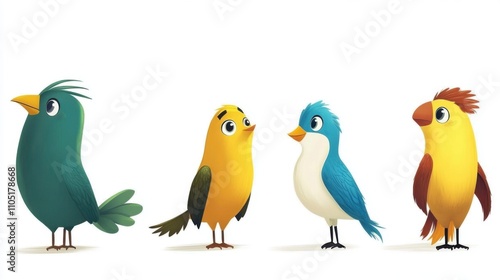 Whimsical Avian Art: Cartoon Birds on White Background