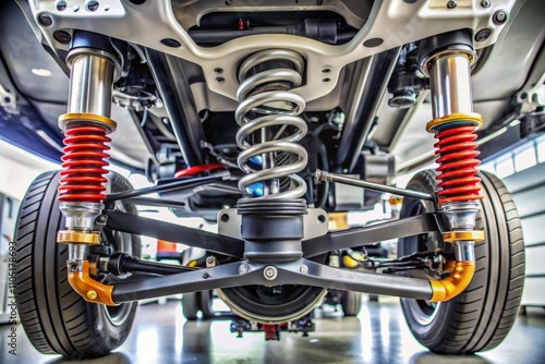 Detailed View of Modern Car Rear Suspension Components: Shock Absorbers, Springs, and Control Arms in a Lifted Vehicle for Diagnostics with Original Spare Parts Used photo