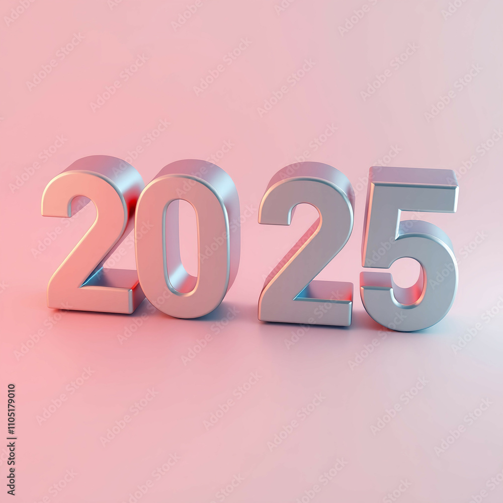 2025 3D Effect Concept, happy new year, with a metallic text effect and light pinkish background 2025 3D Effect Concept, happy new year, with a metallic text effect and light pinkish background