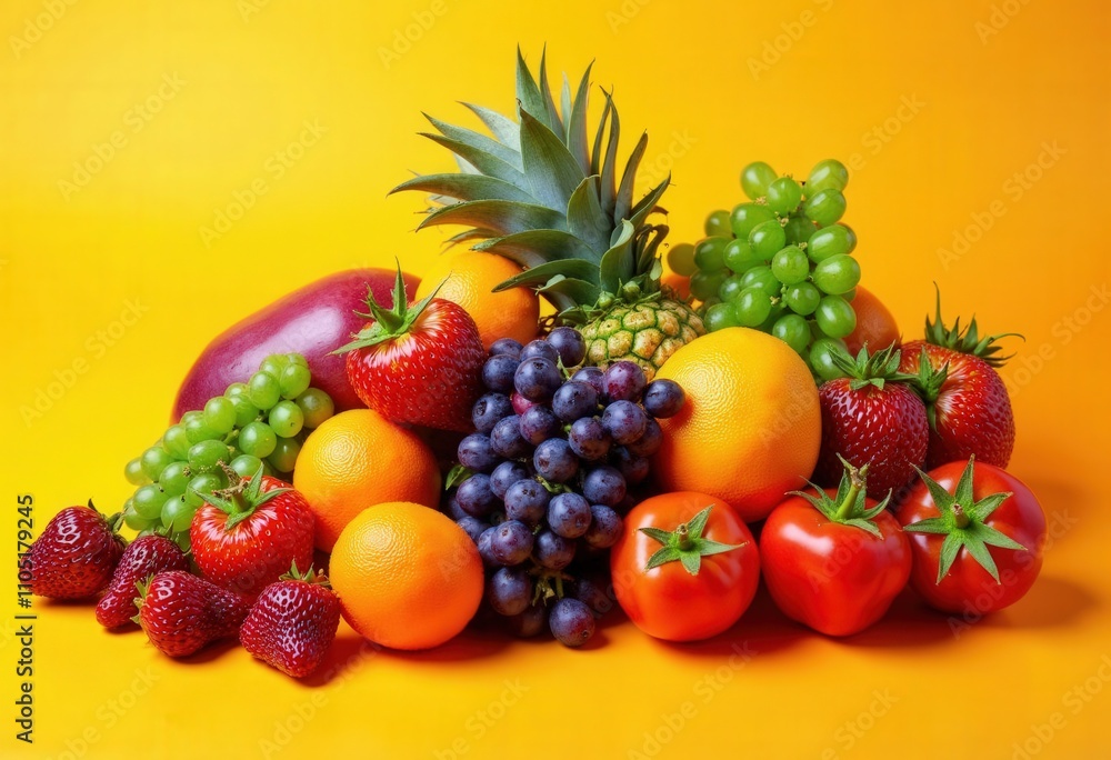 Vibrant Fruit and Vegetable Still Life on Yellow. Vibrant Fruit and Vegetable Still Life on Yellow.