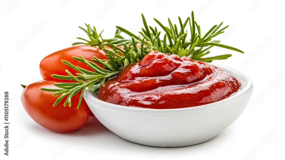 Delicious ketchup in a white bowl, isolated on a white background. A portion of tomato sauce. Delicious ketchup in a white bowl, isolated on a white background. A portion of tomato sauce.