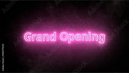 Pink Neon Sign Saying 'Grand Opening' on Dark Brick Wall Background