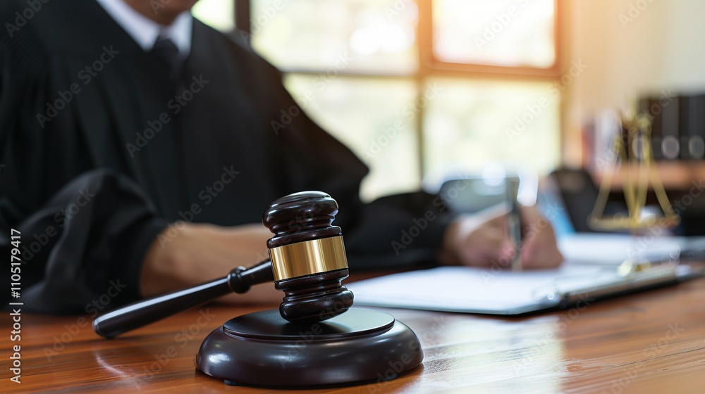 Judge's Gavel on a Wooden Desk in a Courtroom Judge's Gavel on a Wooden Desk in a Courtroom