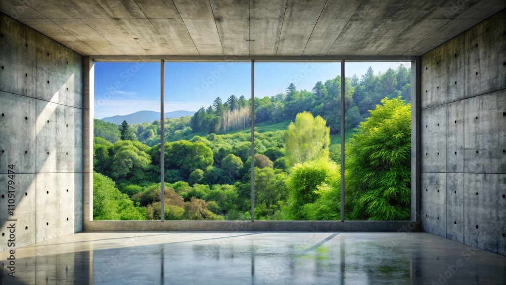 A Stunning Contrast of Raw Concrete and Lush Greenery Through a Panoramic Window Showcasing Nature's Beauty in Urban Design A Stunning Contrast of Raw Concrete and Lush Greenery Through a Panoramic Window Showcasing Nature's Beauty in Urban Design