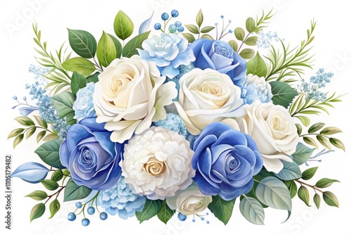 Elegant Classic Blue and White Rose Bouquet with White Hydrangea and Ranunculus Composition for Floral Design and Stationery Projects