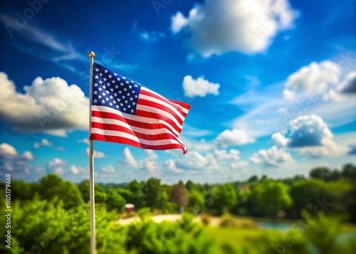 A Stunning Tilt-Shift View of the American Flag Billowing Vibrantly Against a Clear Blue Sky, Celebrating the Spirit of Patriotism in a Miniature World of Color and Emotion