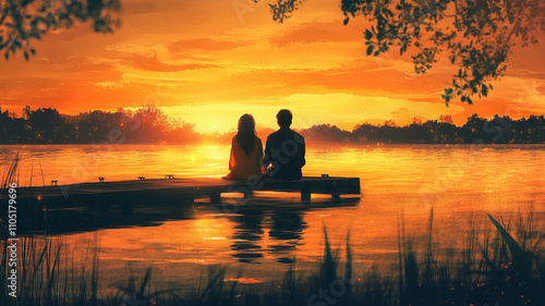 Lofi couple sitting on dock by quiet lake at sunset enjoying serene and peaceful atmosphere
