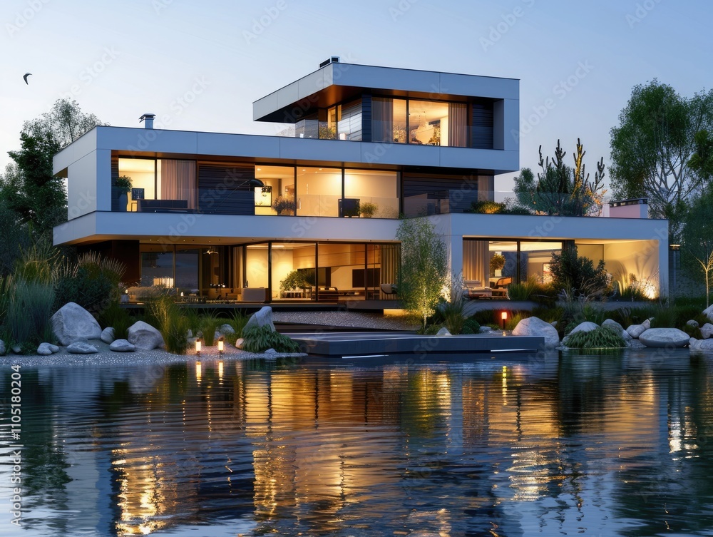 Modern house by the river at evening. Modern house by the river at evening.