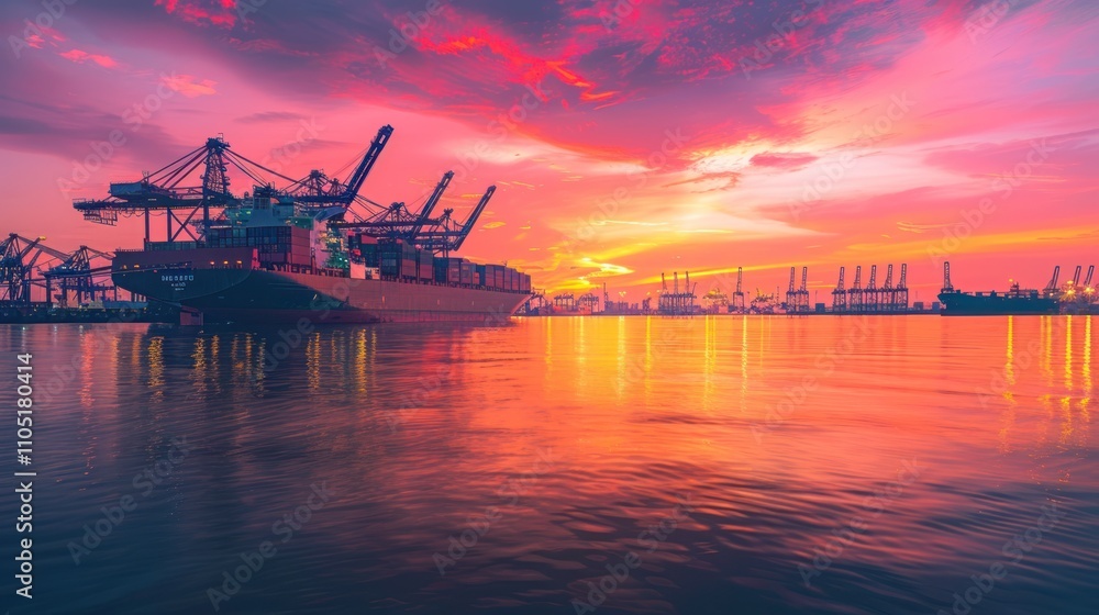 A vibrant sunset over a bustling shipping port, featuring illuminated cranes, a large cargo ship, and colorful reflections on the calm water, showcasing the harmony of industry and nature. A vibrant sunset over a bustling shipping port, featuring illuminated cranes, a large cargo ship, and colorful reflections on the calm water, showcasing the harmony of industry and nature.