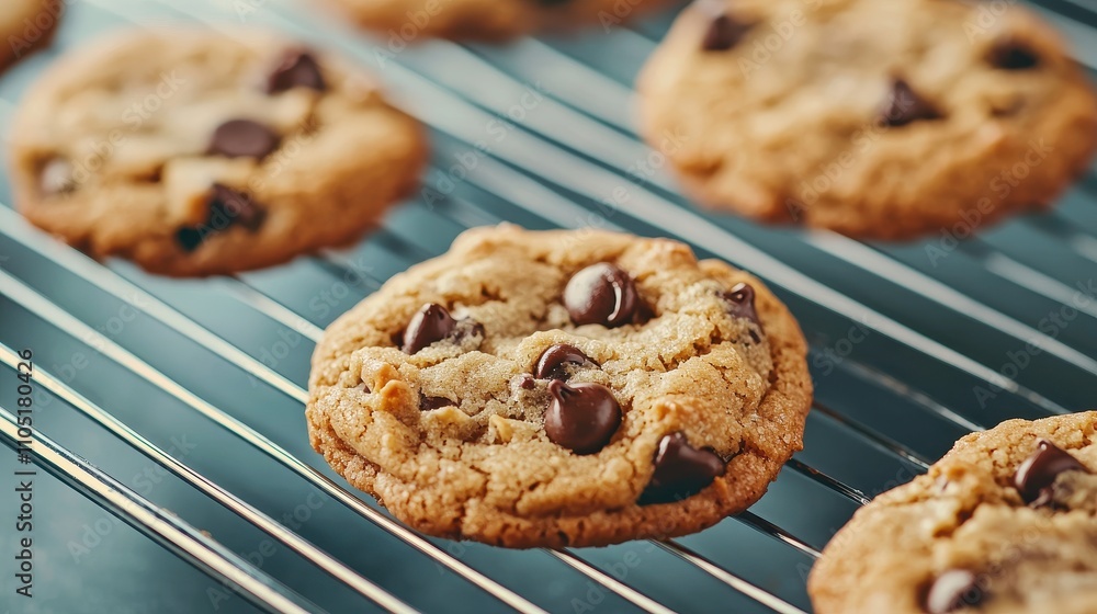 Freshly baked chocolate chip cookies cooling on a wire rack, golden brown with melty chocolate chips, inviting and delicious. Freshly baked chocolate chip cookies cooling on a wire rack, golden brown with melty chocolate chips, inviting and delicious.