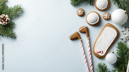 Festive holiday cookies and decorations on a light background.
