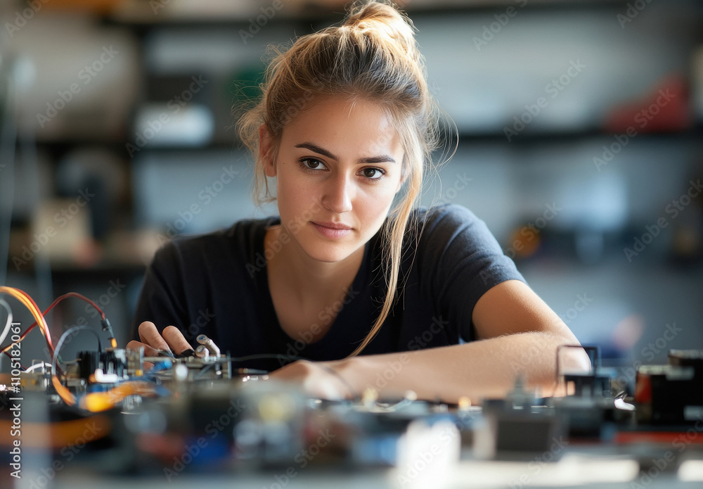 female engineer working on an electrical device female engineer working on an electrical device