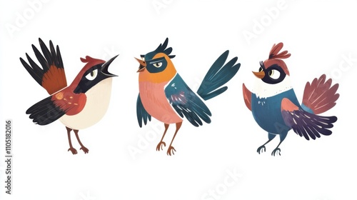 Whimsical Avian Art: Cartoon Birds on White Background