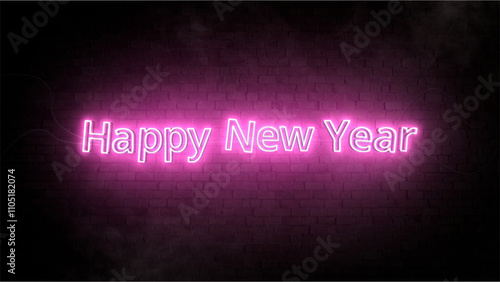 Pink Neon Sign Saying 'Happy New Year' on Dark Brick Wall Background