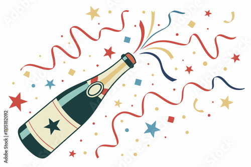 Celebration with champagne bottle and colorful confetti, colorful simple vector